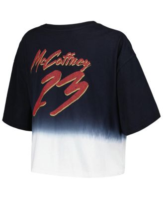 Women's Threads Christian McCaffrey Black, White Distressed San Francisco 49ers Dip-Dye Player Name and Number Crop Top