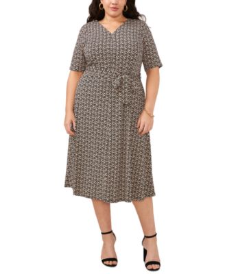 MSK - Plus Size Printed V-Neck Elbow-Sleeve Midi Dress