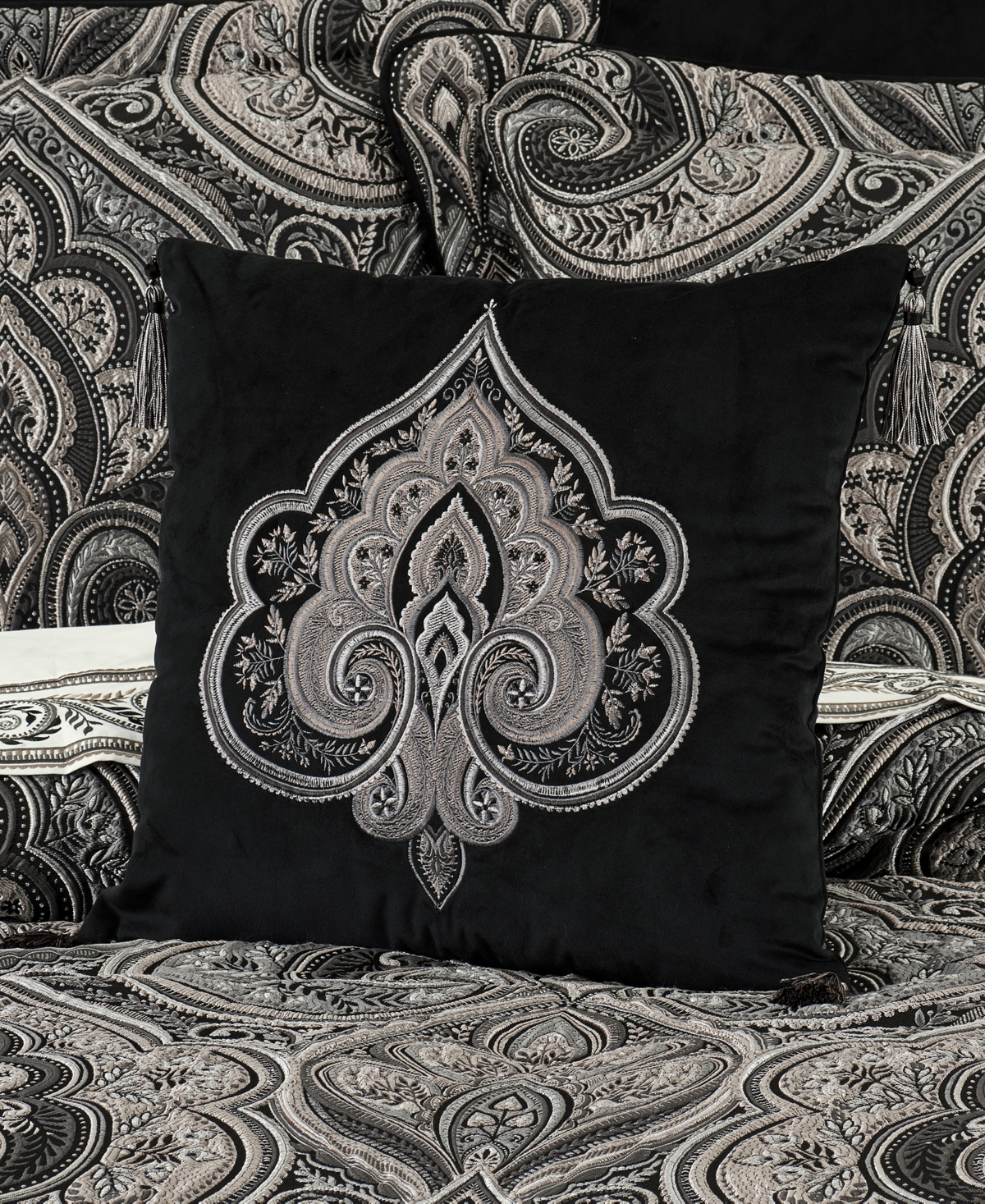 Shop Five Queens Court Davinci Square Embellished Decorative Pillow, 18" X 18" In Black