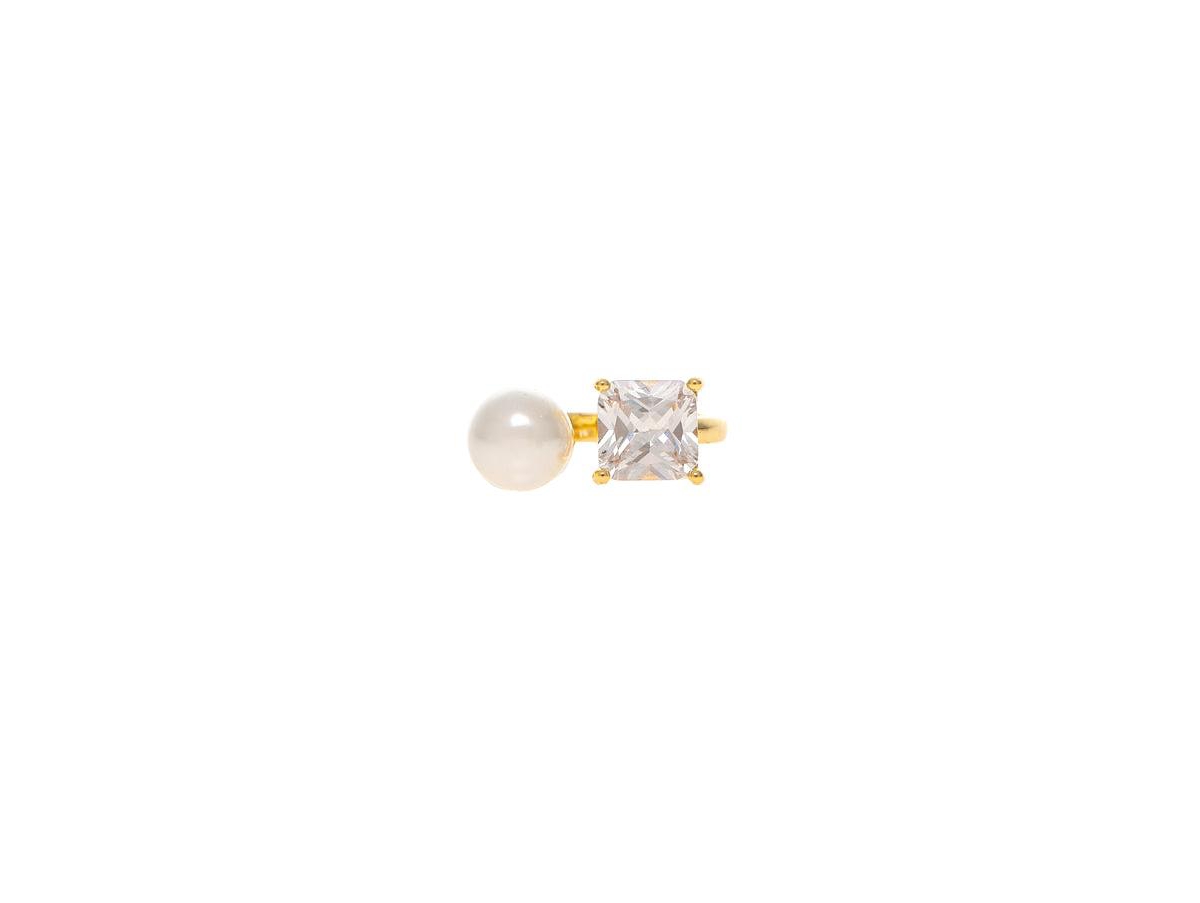 Princess Cut Cubic Zirconia + Pearl Toi et Moi Ring - Gold with White Pearl