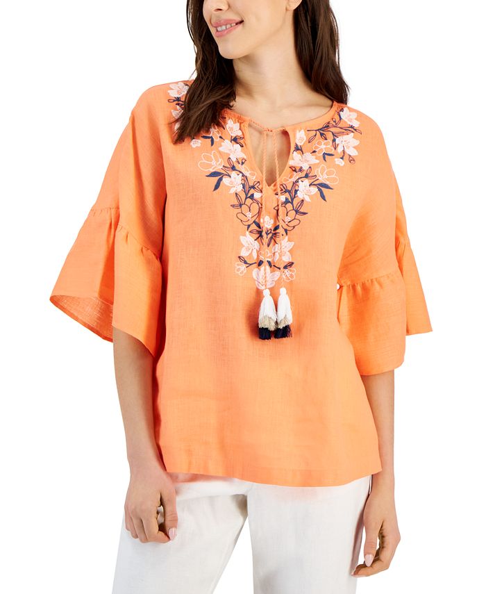 Charter Club Women s 100 Linen Embroidered Peasant Top Created
