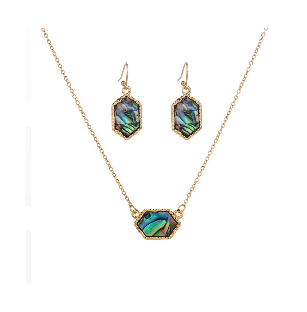 Hexagon Abalone Necklace and Abalone Earrings Set - Gold