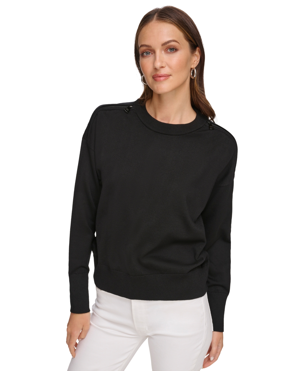 Dkny Women's Crewneck Zippered Drop-shoulder Sweater In Black