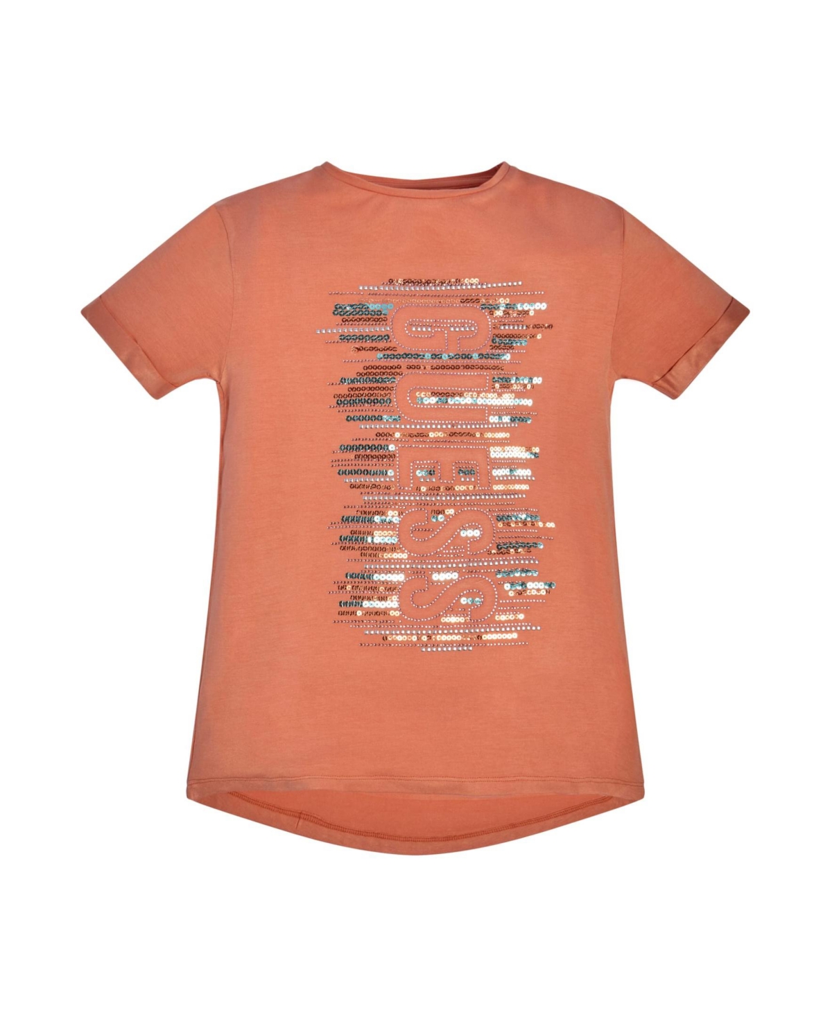 Guess Kids' Big Girls Stretch Viscose Sequin And Rhinestone Logo T-shirt In Orange
