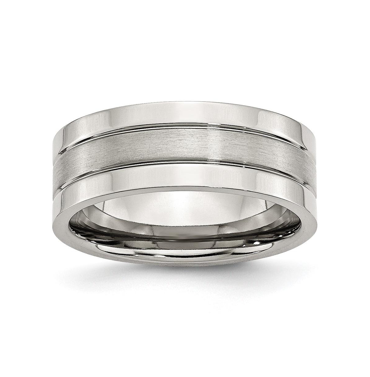 Stainless Steel Polished Satin Center 8mm Grooved Band Ring - Silver