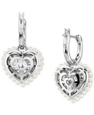 Rhodium-Plated Crystal & Imitation Pearl Heart Charm Hoop Earrings