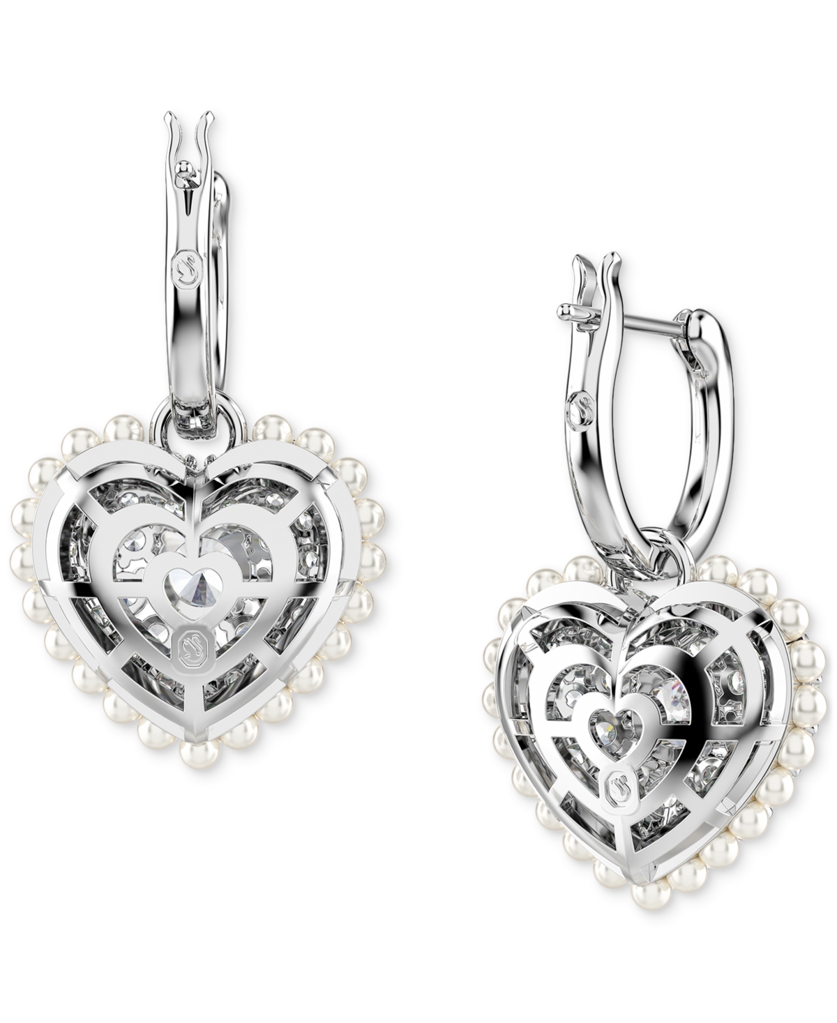 Shop Swarovski Rhodium-plated Crystal & Imitation Pearl Heart Charm Hoop Earrings In Silver