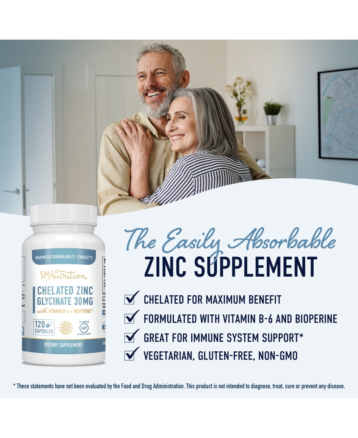 SMNutrition Chelated Zinc Supplements - Zinc Glycinate 30 mg (120 Capsules) Highly-Absorbable Traacs Chelated Zinc Bisglycinate, Vitamin B6 & BioPerin