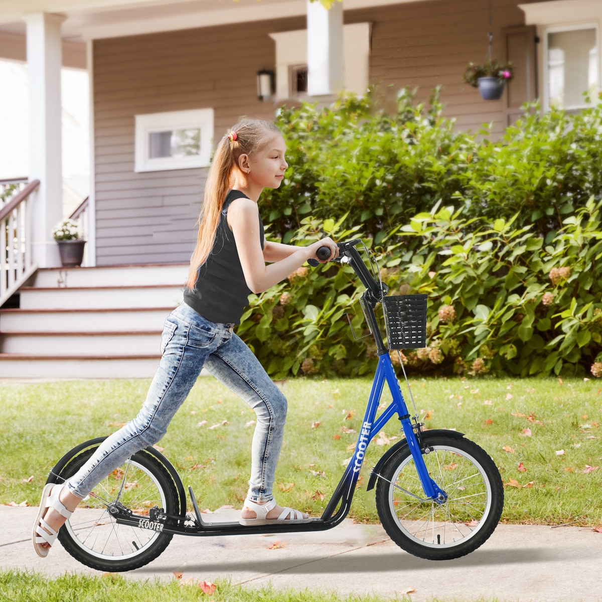 Aosom Youth Scooter, Kick Scooter with Adjustable Handlebars, Double Brakes, Inflatable Rubber Tires, Basket, Cupholder,- Blue