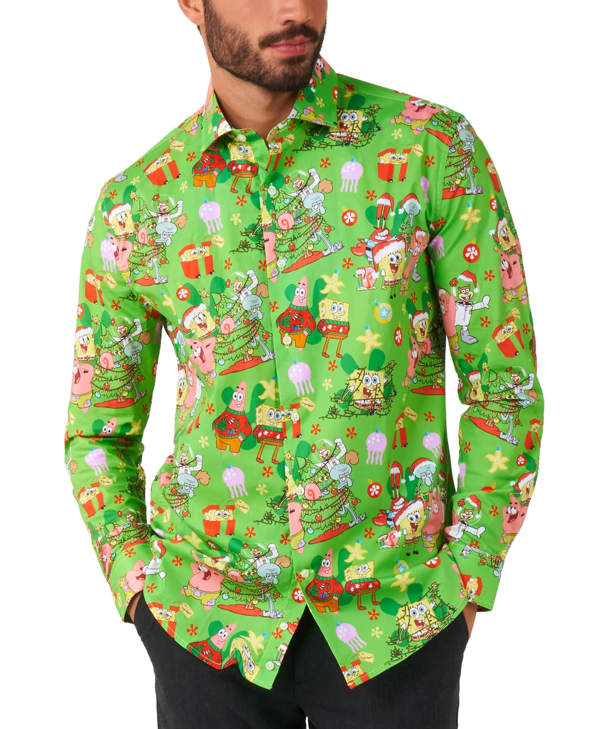 Men's Tailored-Fit SpongeBob SquarePants Holiday Printed Shirt - Green