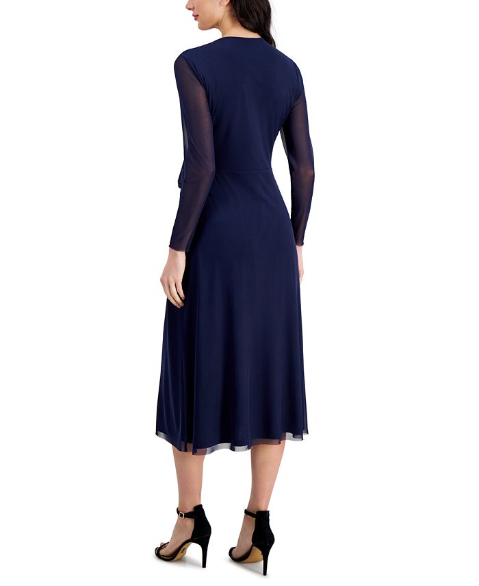 Anne Klein Women's Faux-Wrap Mesh-Sleeve Midi Dress - Macy's
