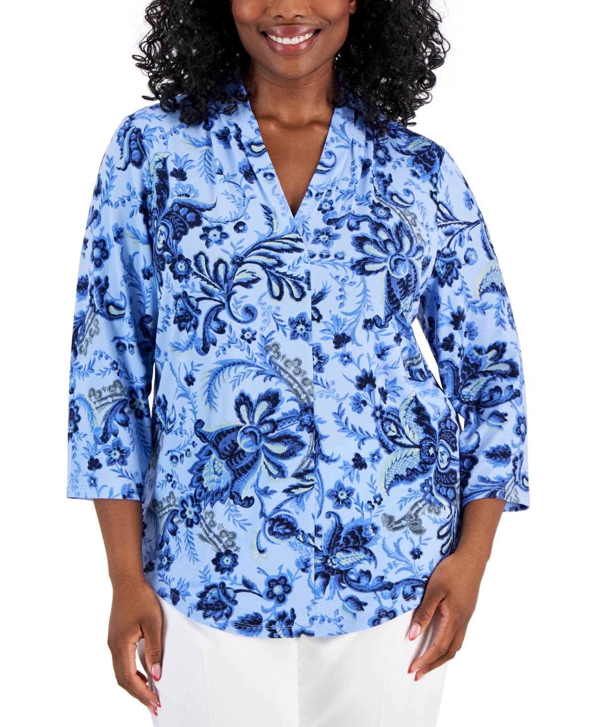 Plus Size Floral-Print Front-Pleat Top, Created for Macy's - Watery Blue Combo