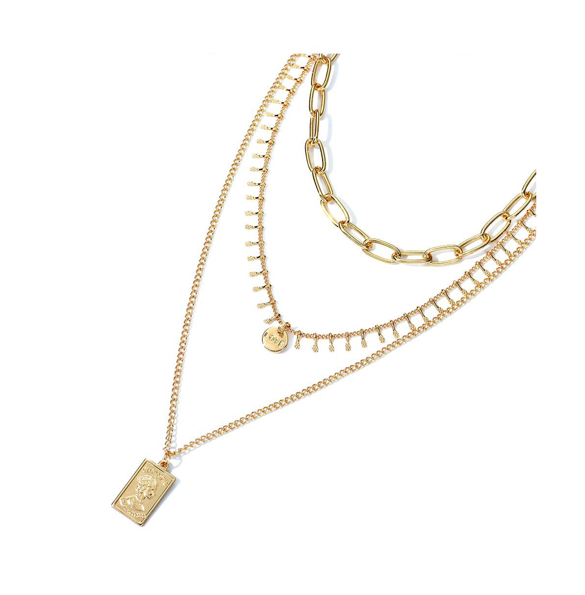 Three Layer Necklace with a Rectangle Pendant - Gold