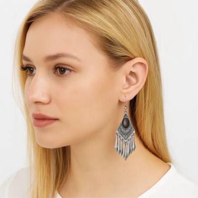 Black Cat's Eye Stone Boho Dangle Earrings for Women