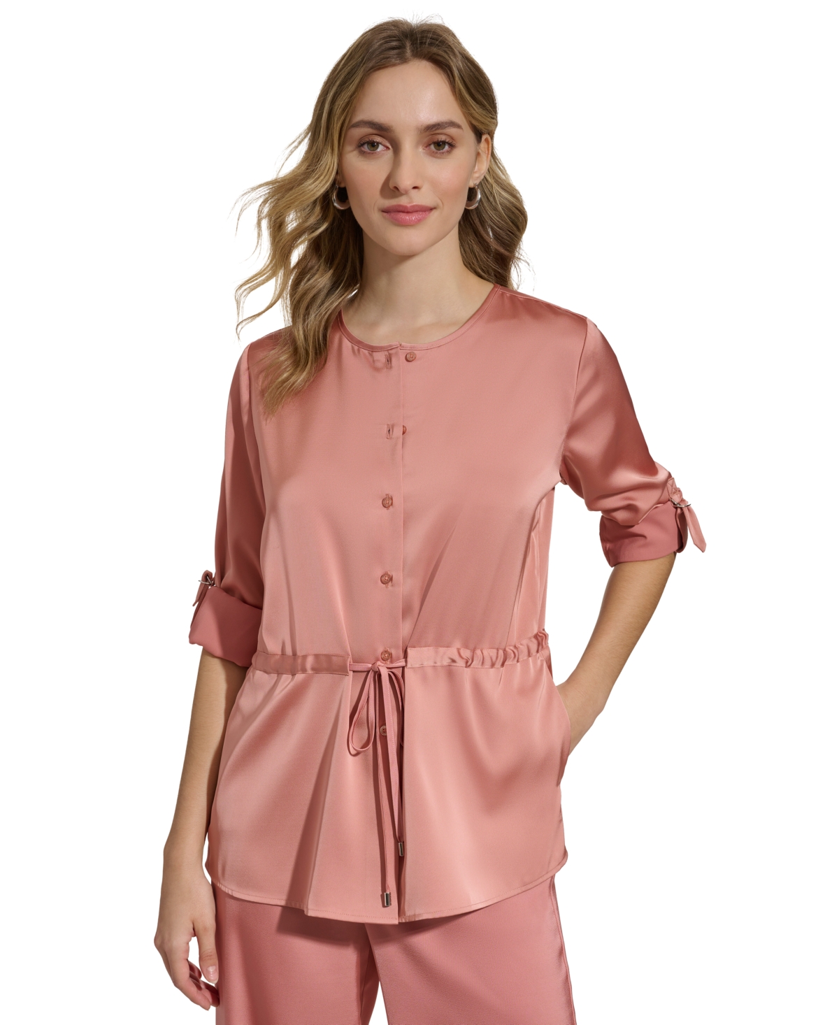 Shop Calvin Klein Women's Satin Drawstring-waist Button Front Blouse In Desert Rose