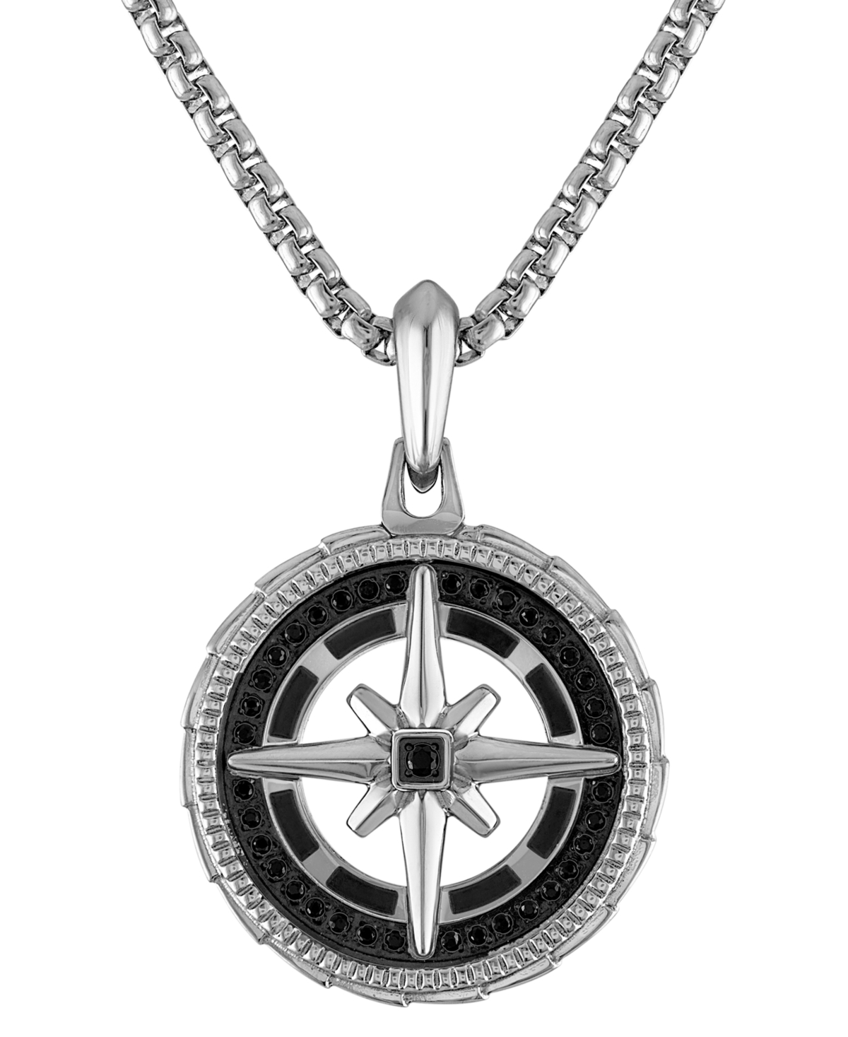 Bulova Stainless Steel Black Diamond Marine Star Pendant Necklace, 24" + 2" Extender In Silver Tone
