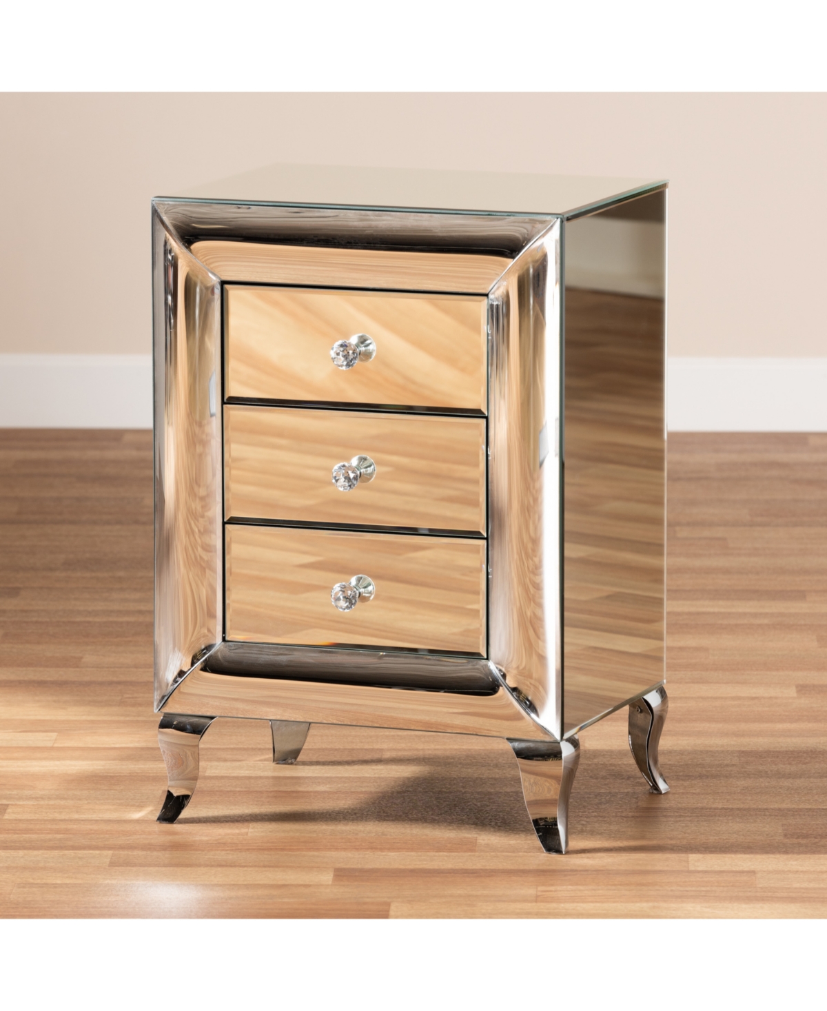 Baxton Studio Pauline Contemporary Glam And Luxe 26" Mdf And Mirrored 3-drawer Nightstand In Mirrored
