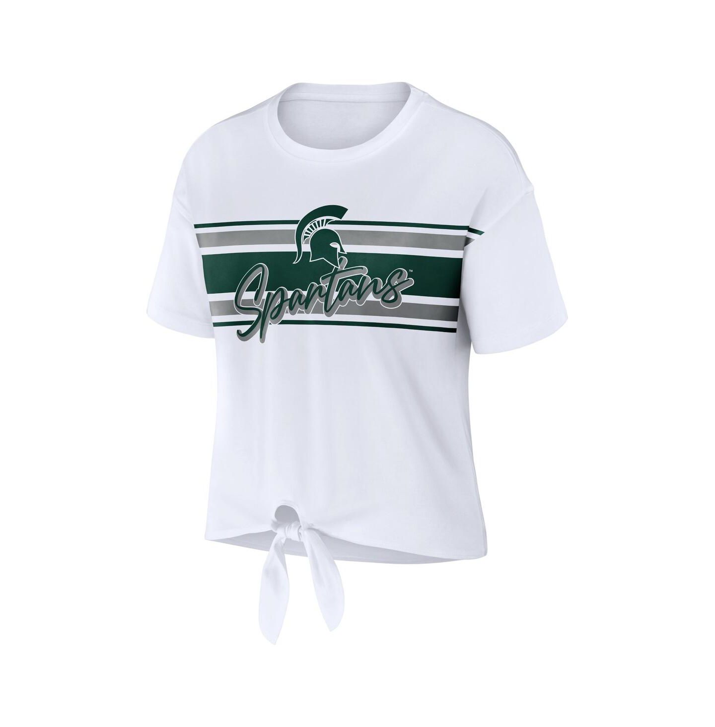 Женская футболка WEAR by Erin Andrews White Michigan State Spartans Striped Front Knot Cropped — фото 2