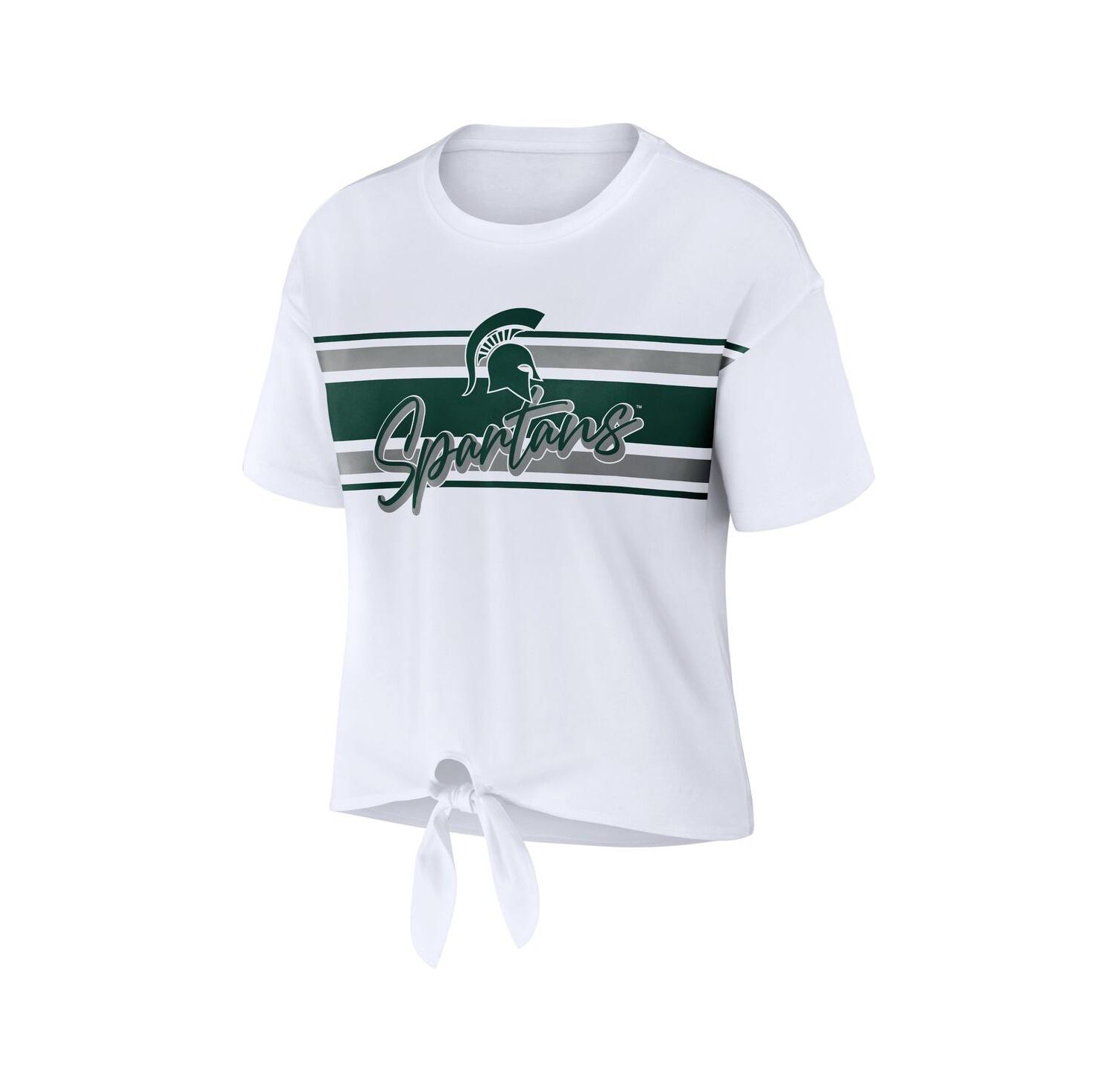 Women's White Michigan State Spartans Striped Front Knot Cropped T-shirt