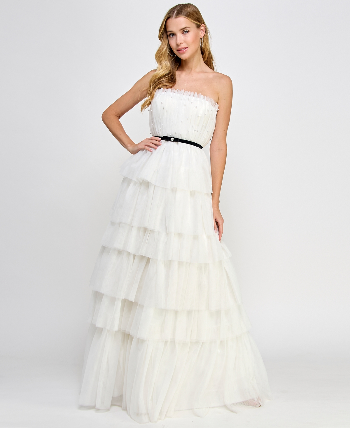Juniors' Tulle & Faux Pearl Tiered Ball Gown, Created for Macy's - White