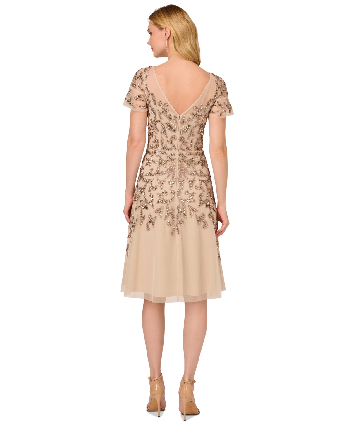 Shop Adrianna Papell Women's Embellished Flutter-sleeve Dress In Biscotti