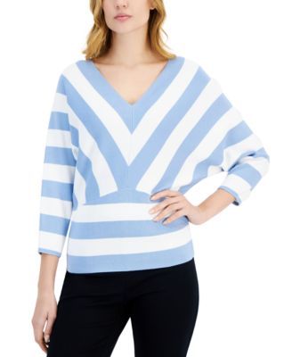 T Tahari - Women's Striped 3/4-Sleeve V-Neck Mitered Sweater