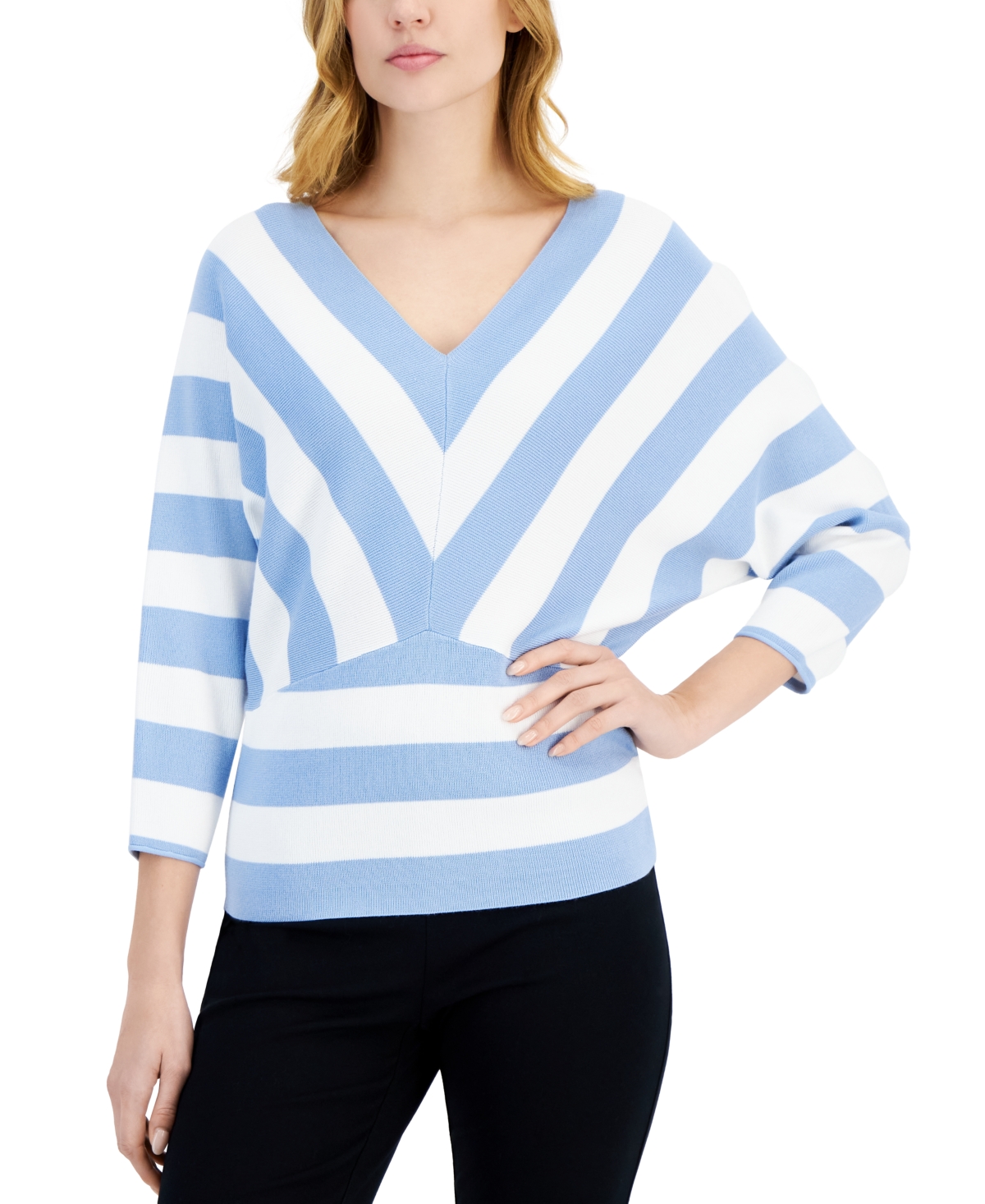 Women's Striped 3/4-Sleeve V-Neck Sweater - Water Garden Blue  White Star