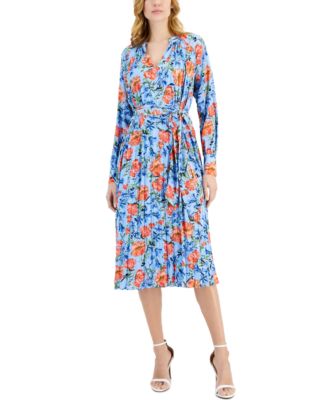 T Tahari - Women's Floral-Print Tie-Waist Split-Neck Pleated Dress