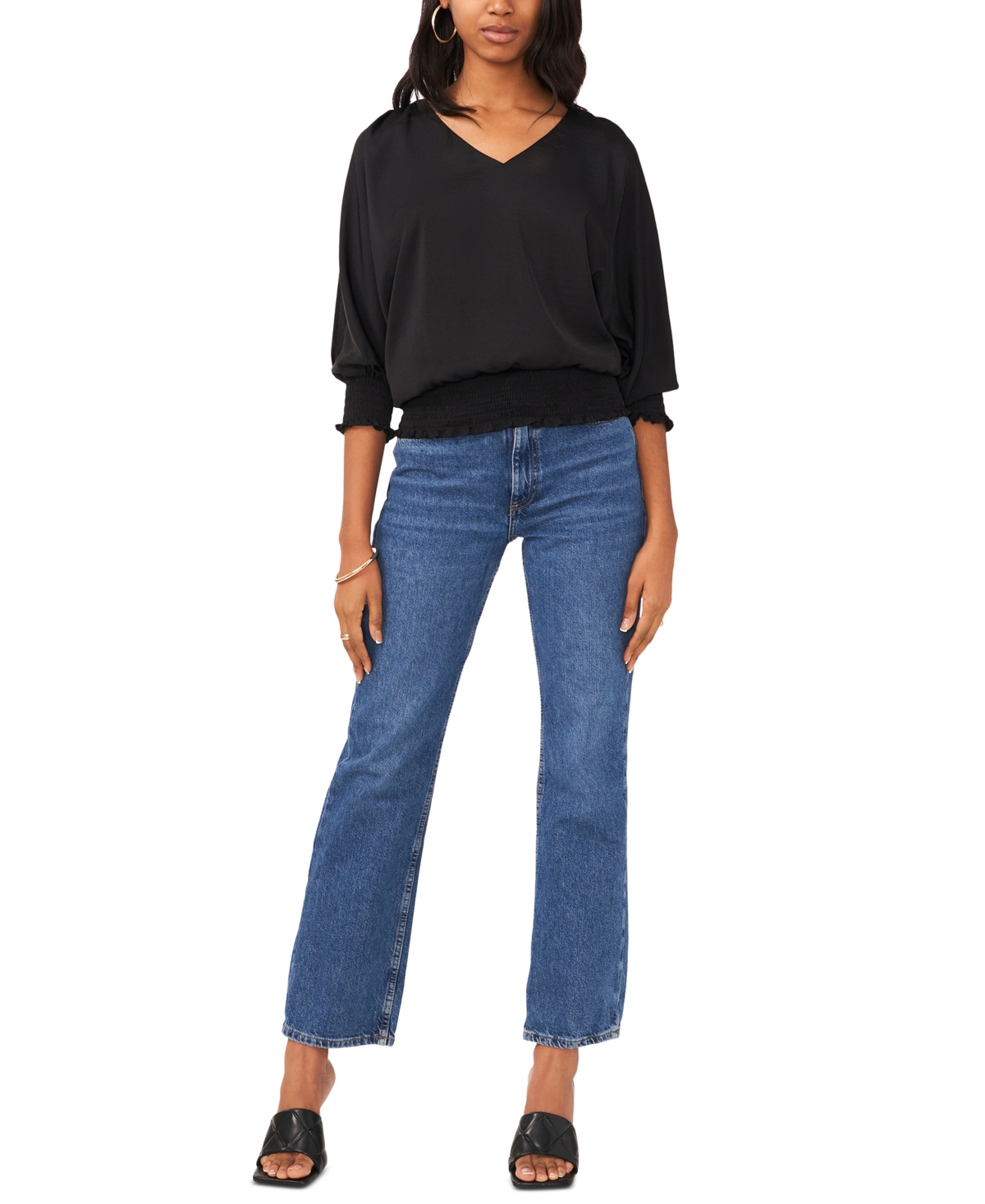 Sam & Jess Women's Smocked-Waist Cold Shoulder V-Neck Top