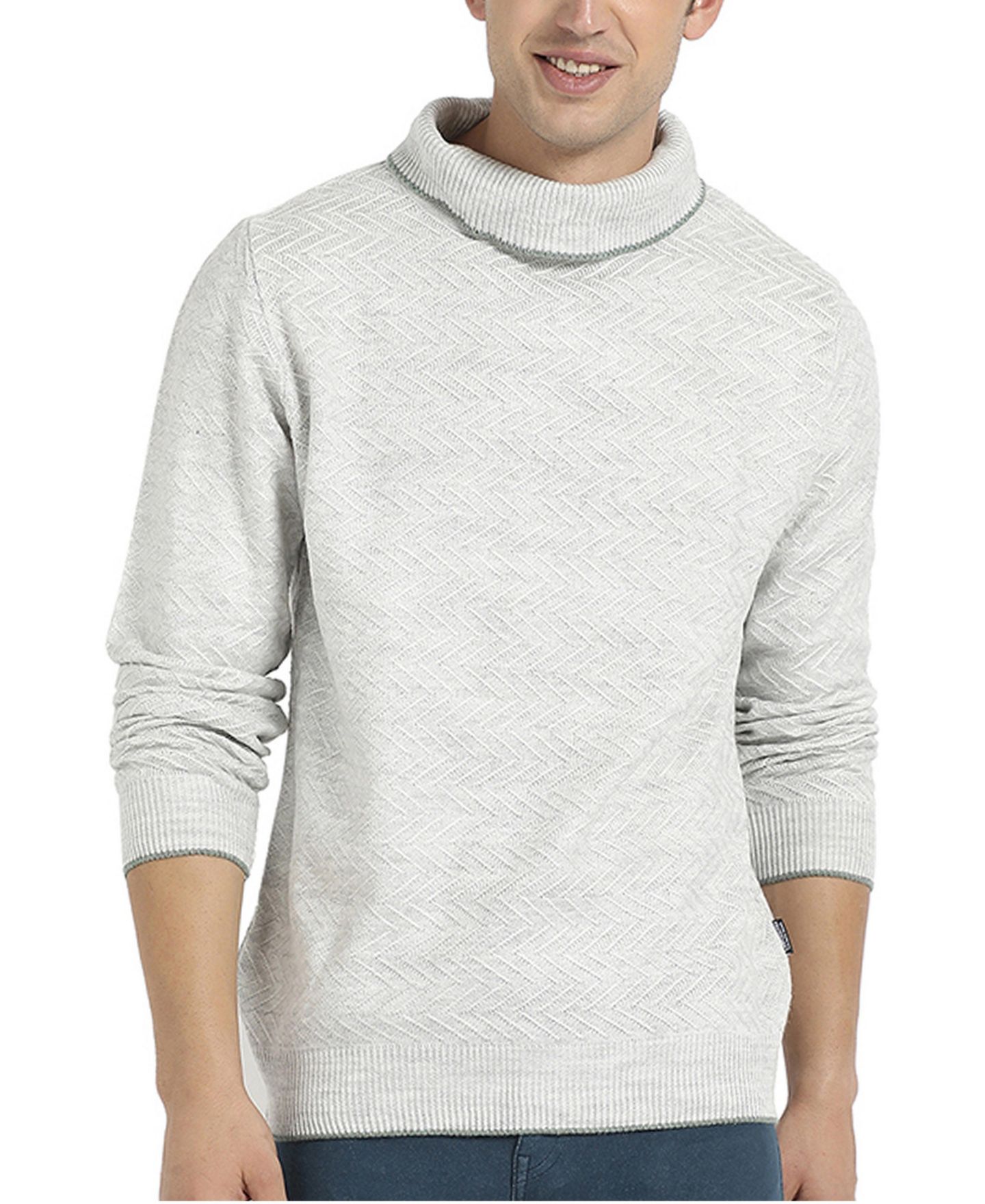 Мужской свитер Campus Sutra Light Grey Herringbone Textured Pullover, цвет: Светлый серый — фото 1