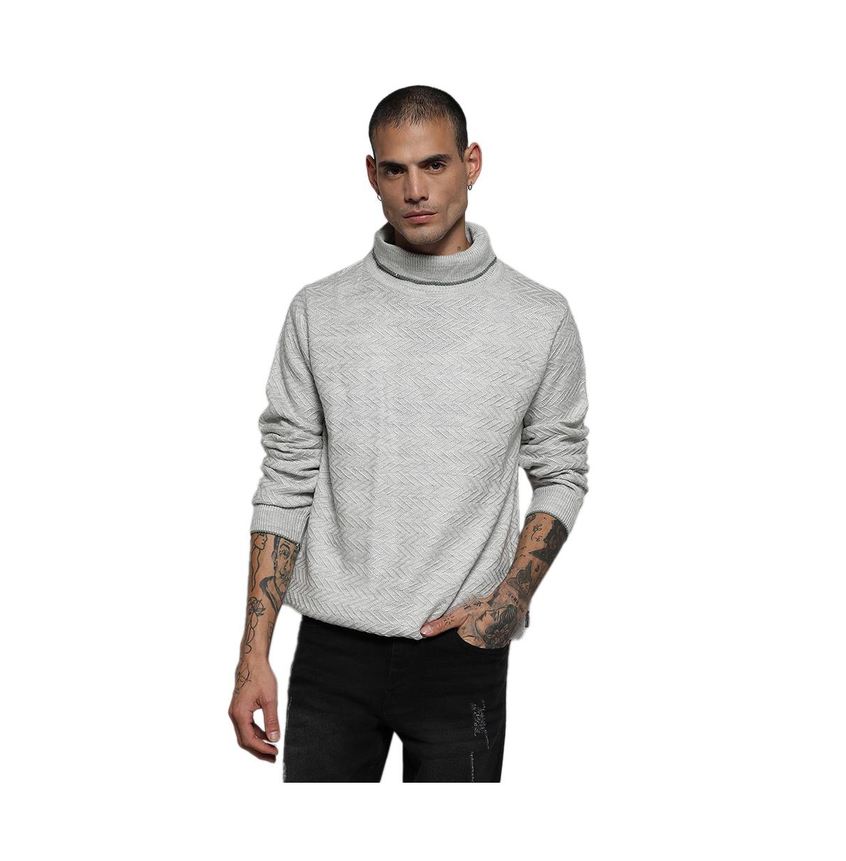 Men's Light Grey Herringbone Textured Pullover Sweater - Light grey