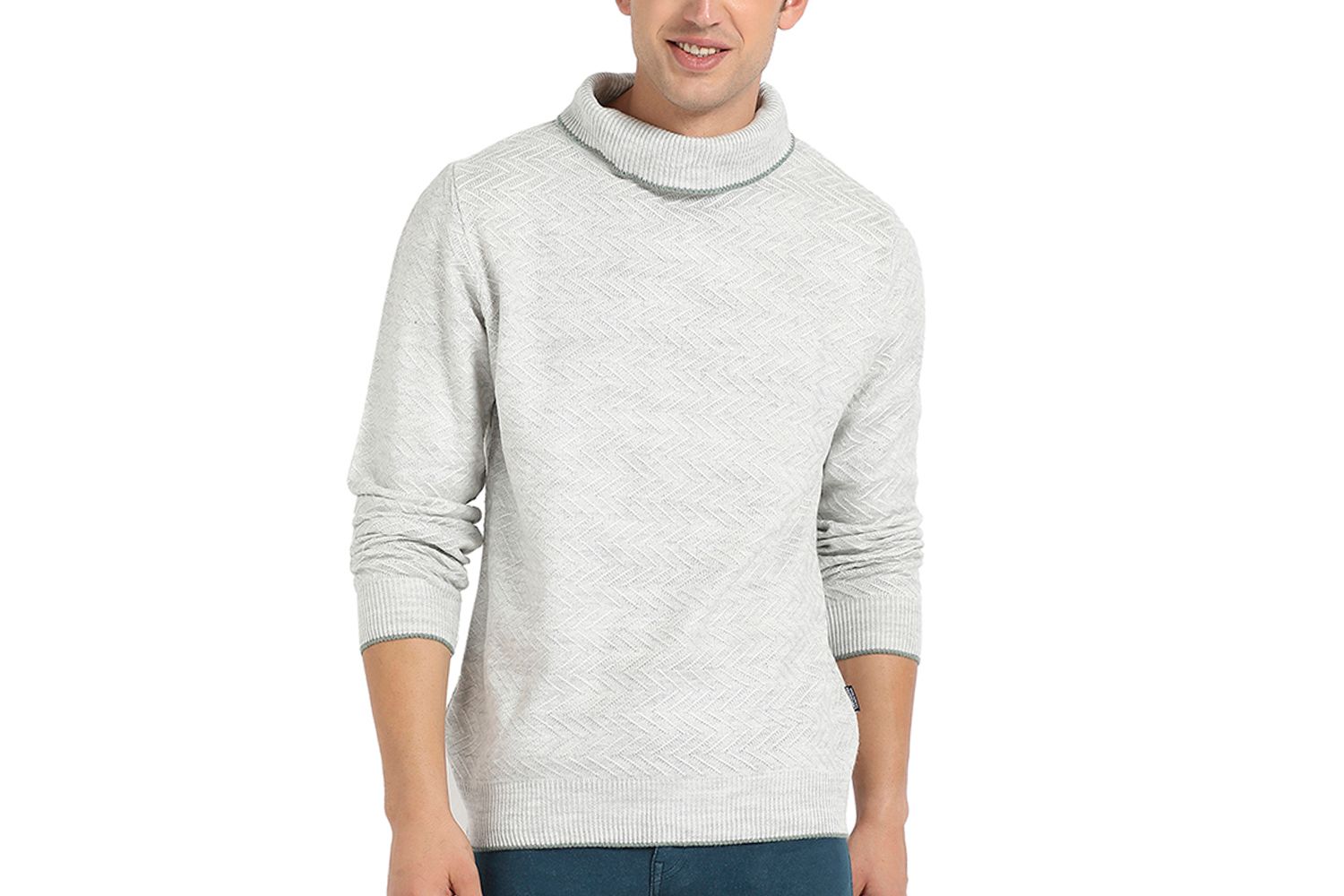 Men's Light Grey Herringbone Textured Pullover Sweater