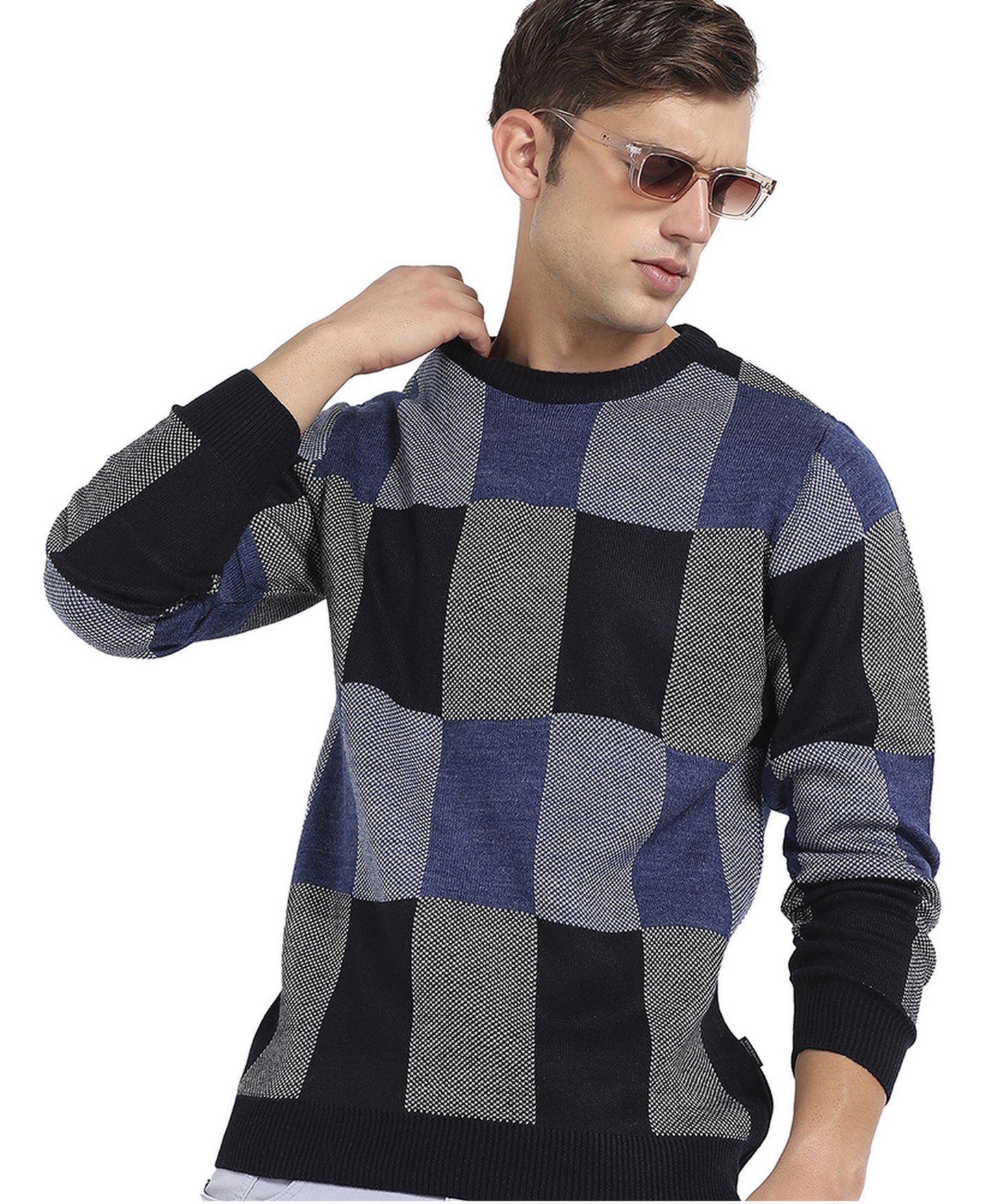 Мужской свитер Campus Sutra Blue Block Check Pullover, цвет: Синий — фото 1