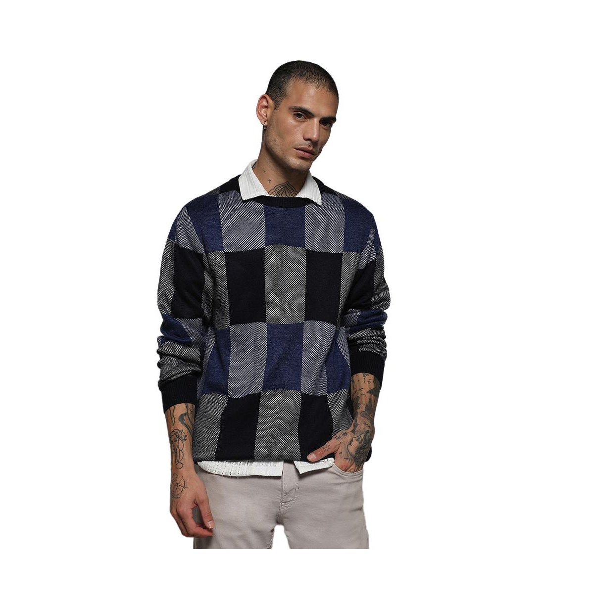 Shop Campus Sutra Men's Blue Block Check Pullover Sweater