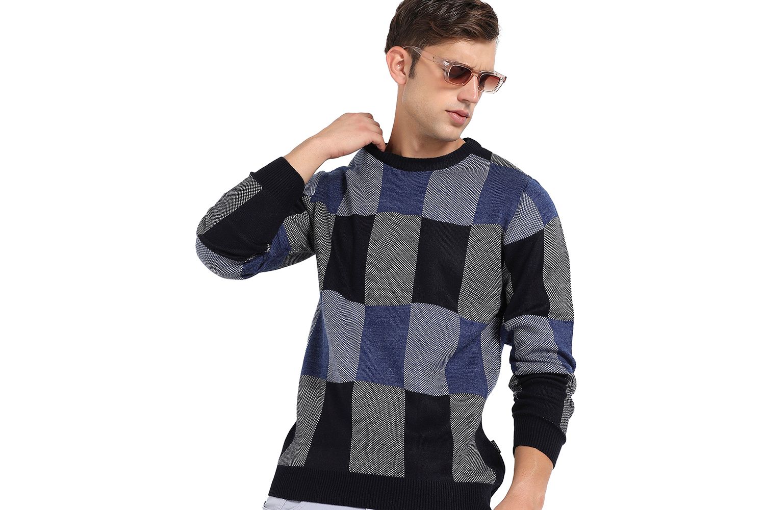 Men's Blue Block Check Pullover Sweater