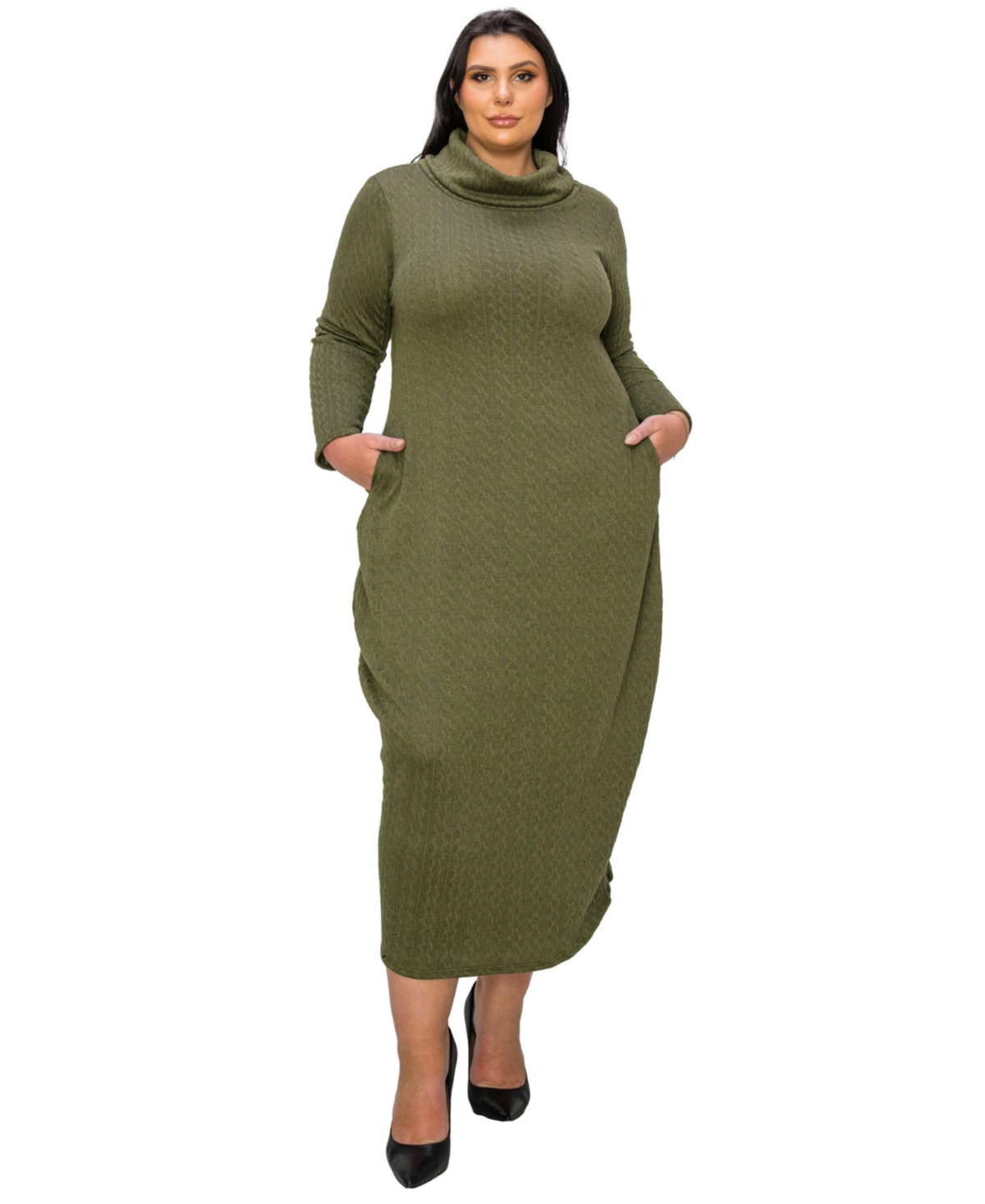 Plus Size Lana Cowl Turtle Neck Pocket Sweater Dress - Olive