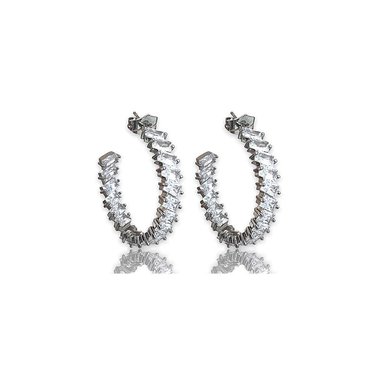 Crystal Hoop Earrings with Emerald Cut White Diamond Cubic Zirconia - Silver