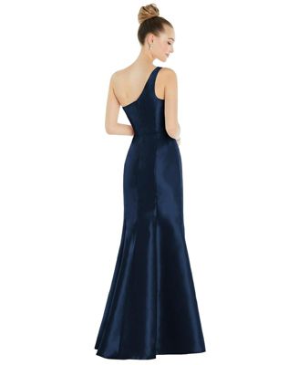 Draped One-Shoulder Satin Trumpet Gown with Front Slit