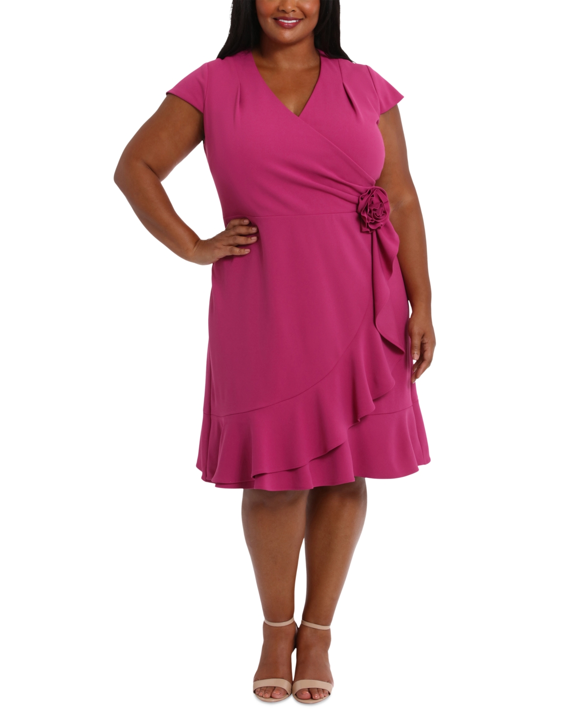 Plus Size Short-Sleeve V-Neck Faux-Wrap Dress - Pink