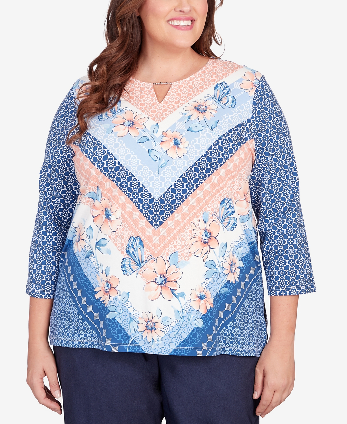 Alfred Dunner Plus Size A Fresh Start Chevron Floral Split Neck Top In Multi