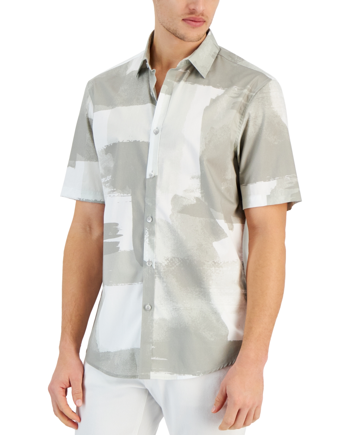 Shop Alfani Men's Painted Blocks Regular-fit Stretch Printed Button-down Shirt, Created For Macy's In Grey Fog