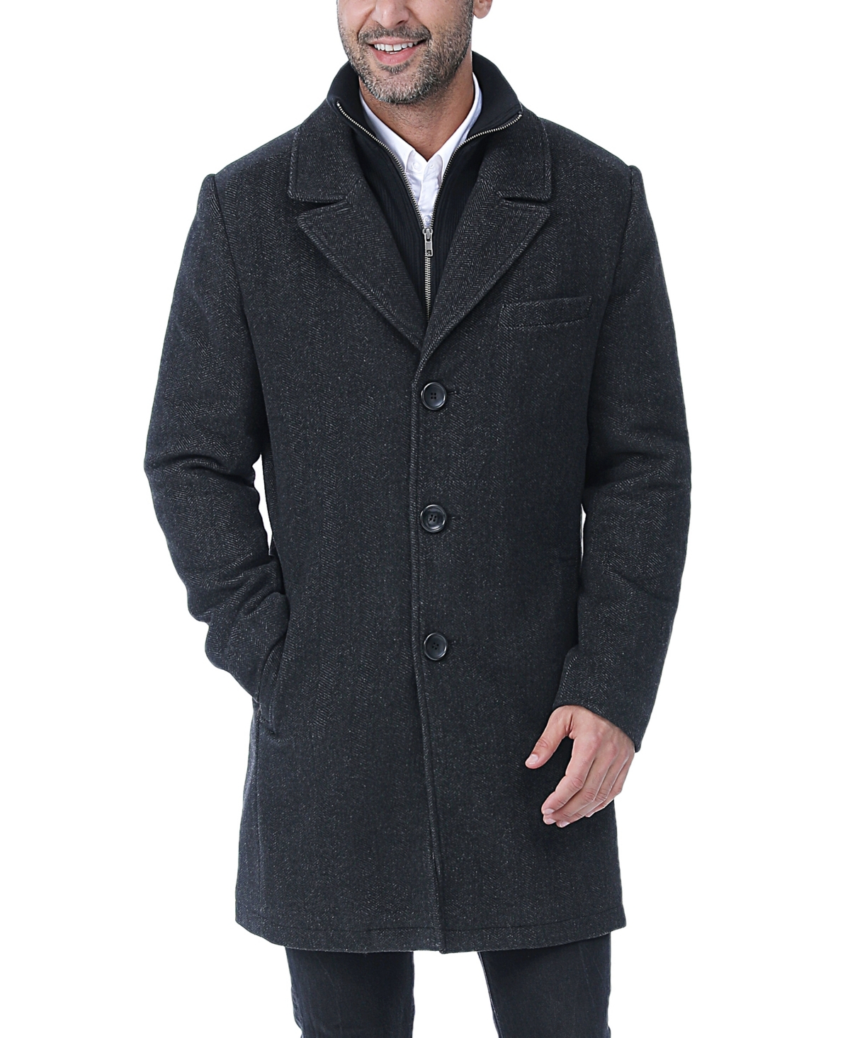 Men Leon Herringbone Wool Blend Coat with Bib - Tall - Black