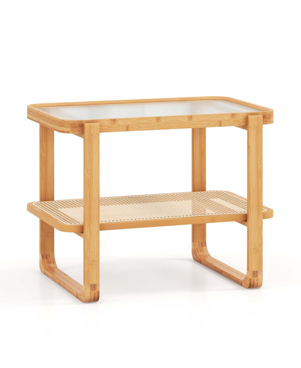 1 Pc Bamboo Side Table with Rattan Shelf Glass Top Nightstand Sofa End Table