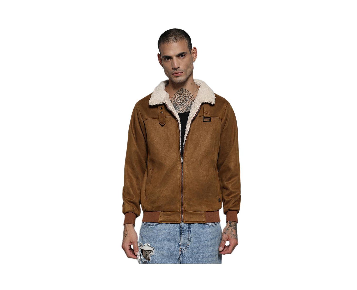 Men's Brown Zip-Front Jacket With Fleece Detail