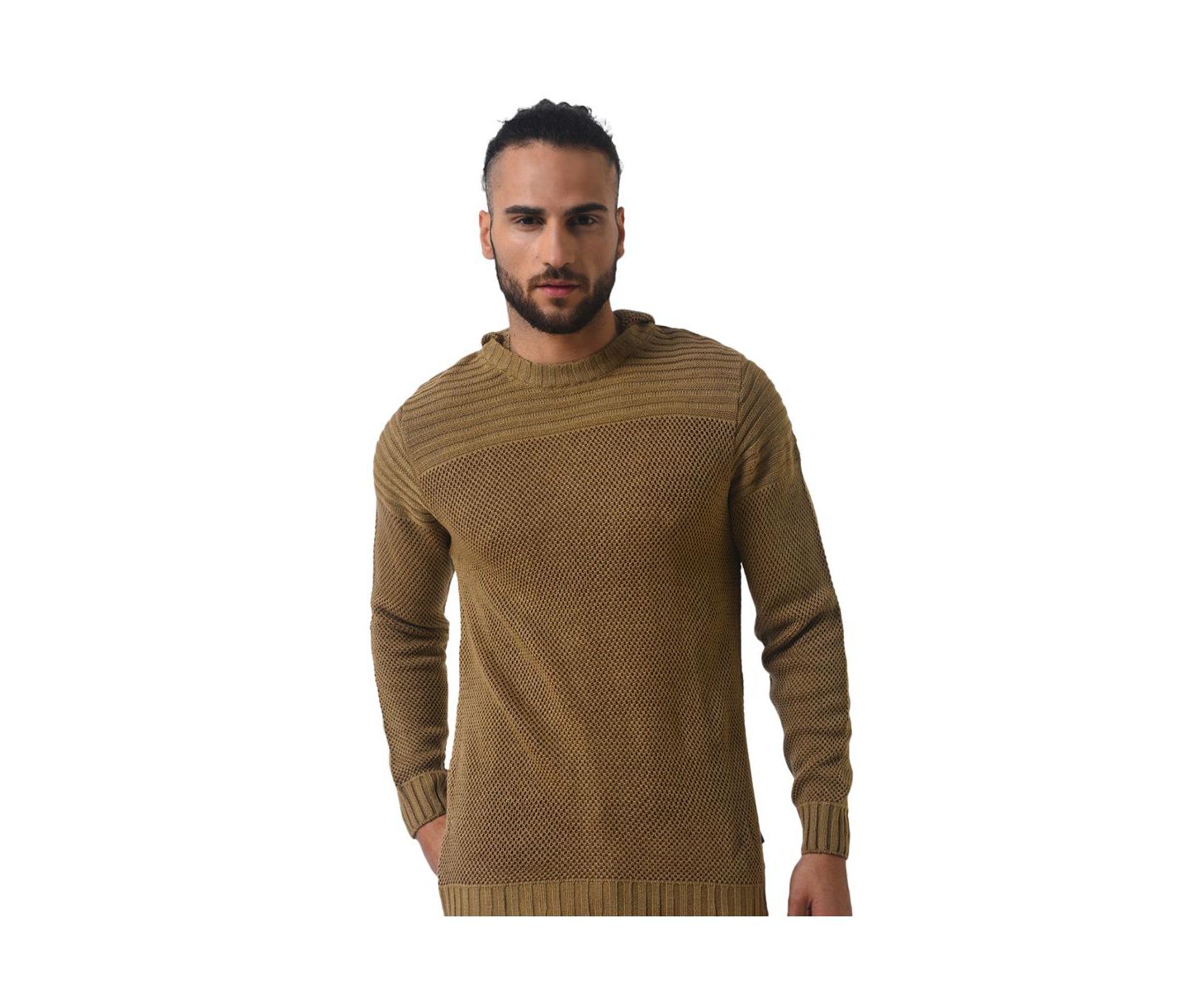 Мужской свитер Campus Sutra Brown Textured Knit Pullover, цвет: Коричневый — фото 1
