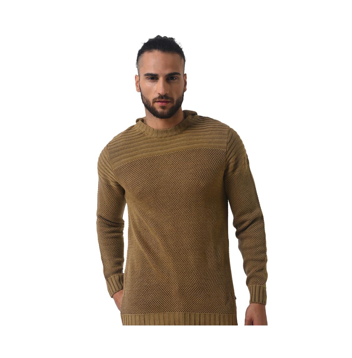 Men's Brown Textured Knit Pullover Sweater - Brown