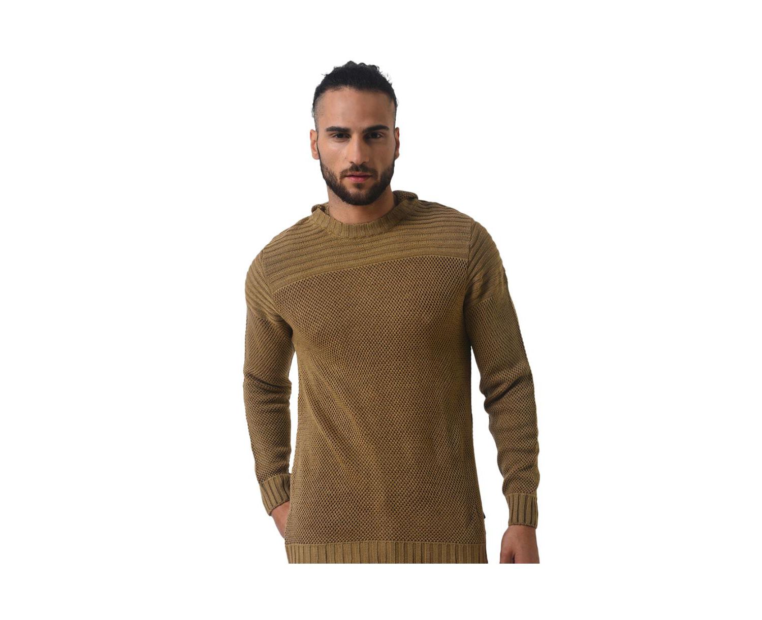 Men's Brown Textured Knit Pullover Sweater