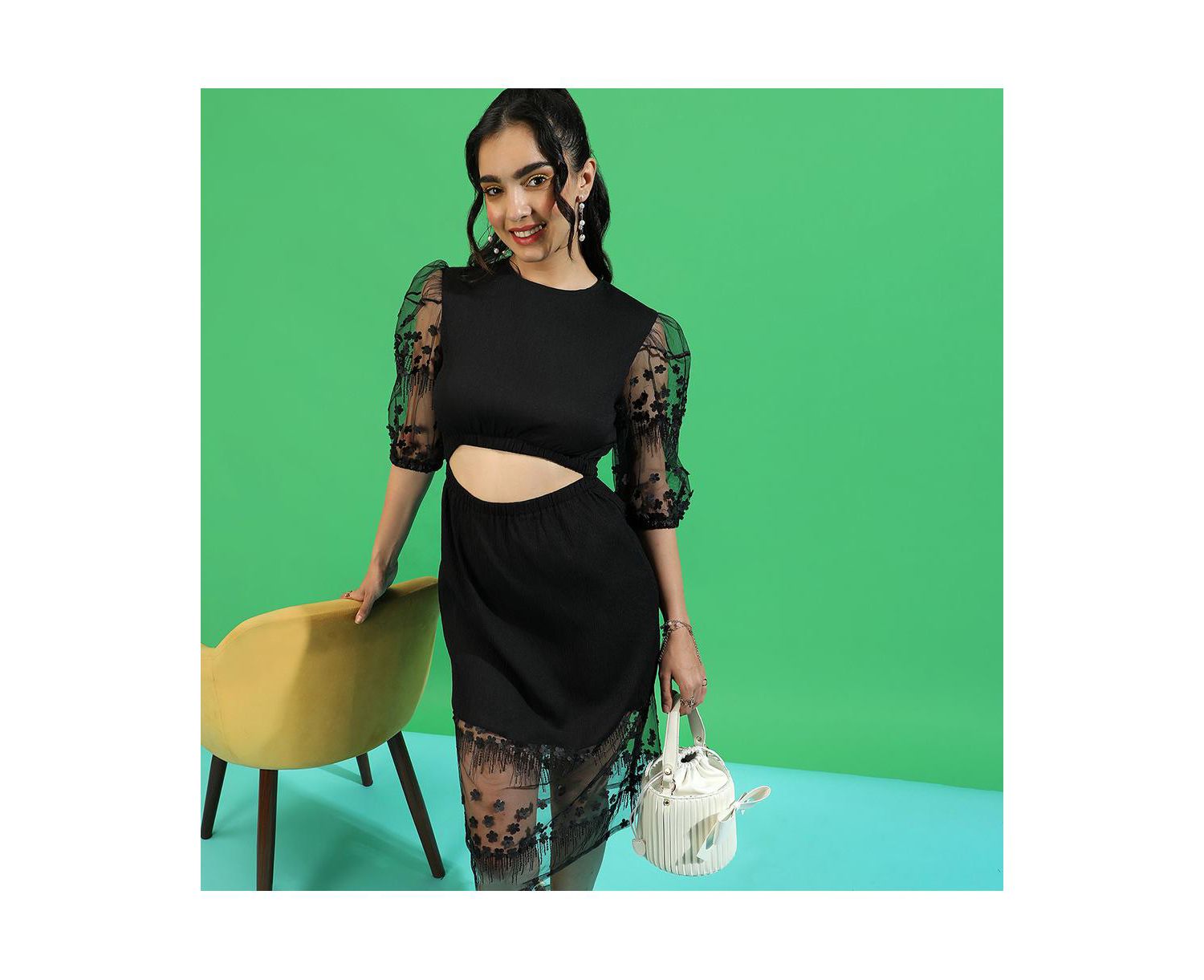 Women's Black Self-Design Dress With Cutout Detail