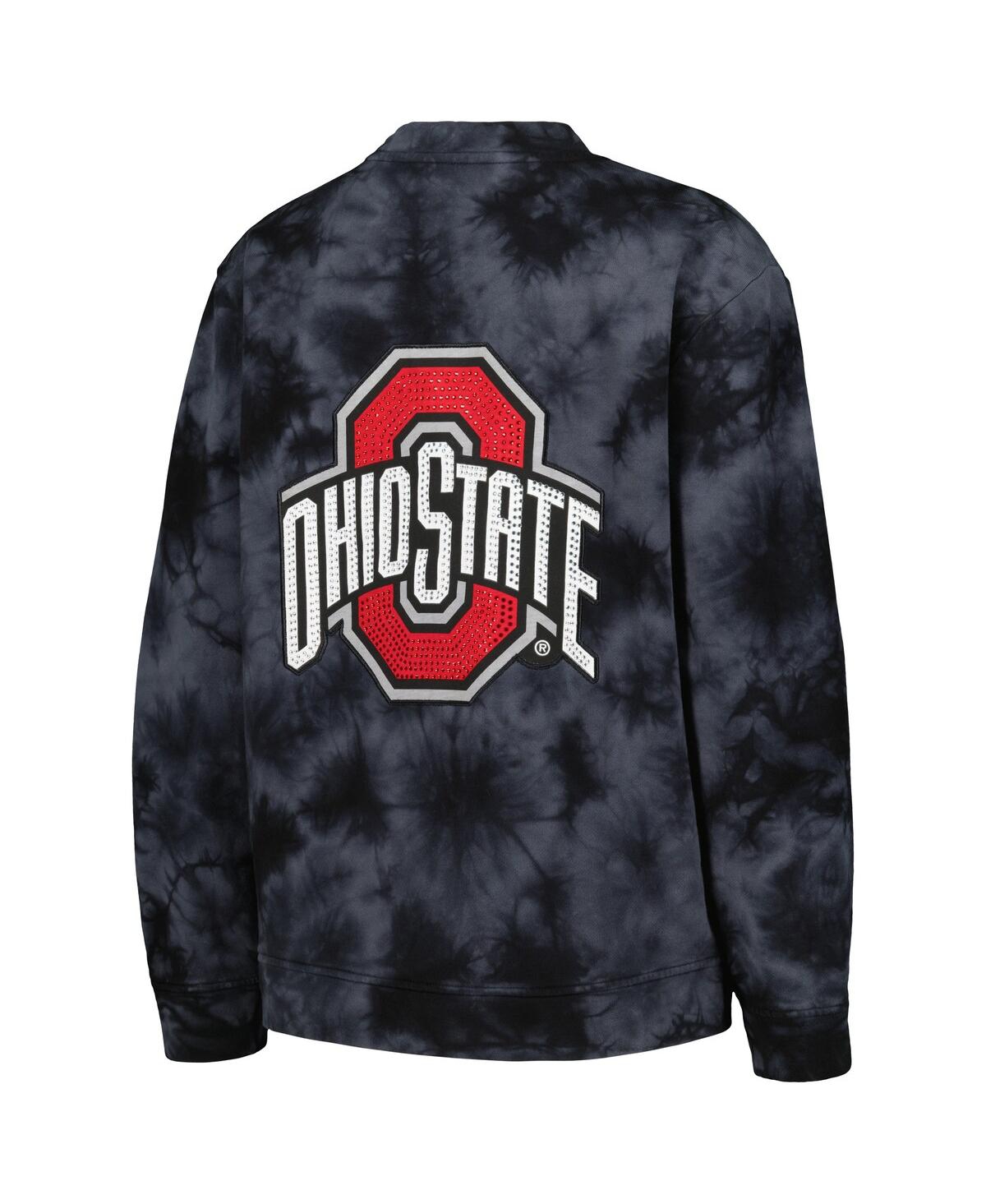 The Wild Collective Women's  Black Ohio State Buckeyes Jeweled Tie-dye Button-up V-neck Sweater In Black