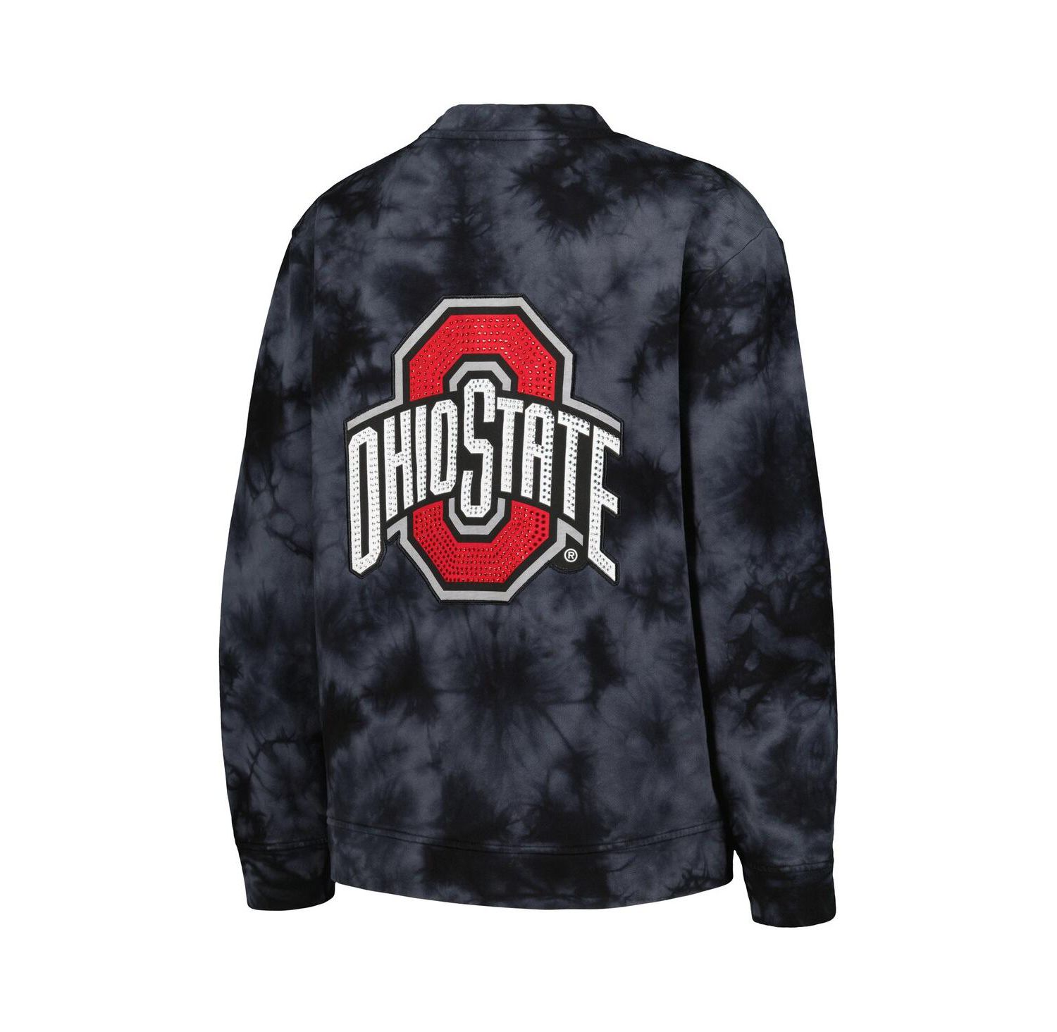 Women's Black Ohio State Buckeyes Jeweled Tie-Dye Button-Up V-Neck Sweater
